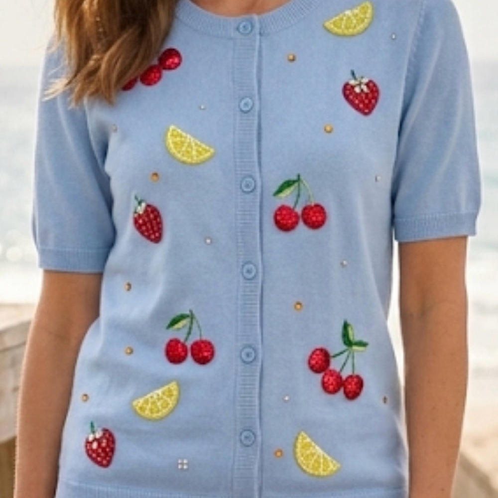 Quacker Factory Fruit Embroidered Cardigan XXS Blue Sequin Lemon Strawberry - Picture 8 of 8